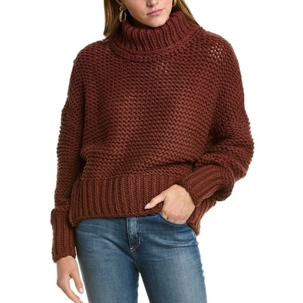 Free People My Only Sunshine Mock Neck Sweater Womens X-Small Brown Chunky Knit